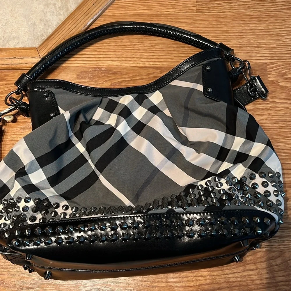 BURBERRY Beat Check Nylon Studded Hobo Bag